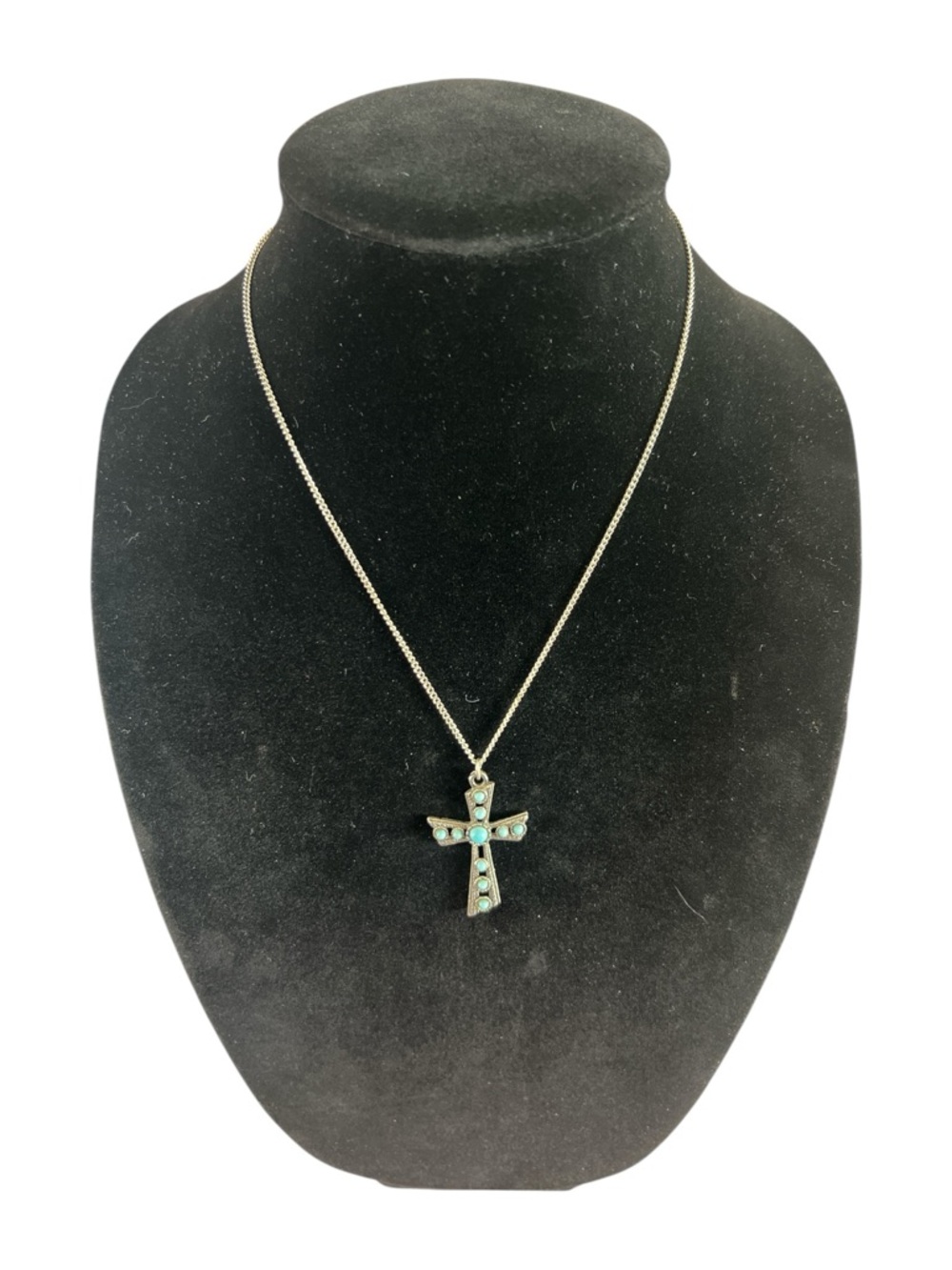 Turquoise Accent Cross Pendant Necklace in Silver-Tone